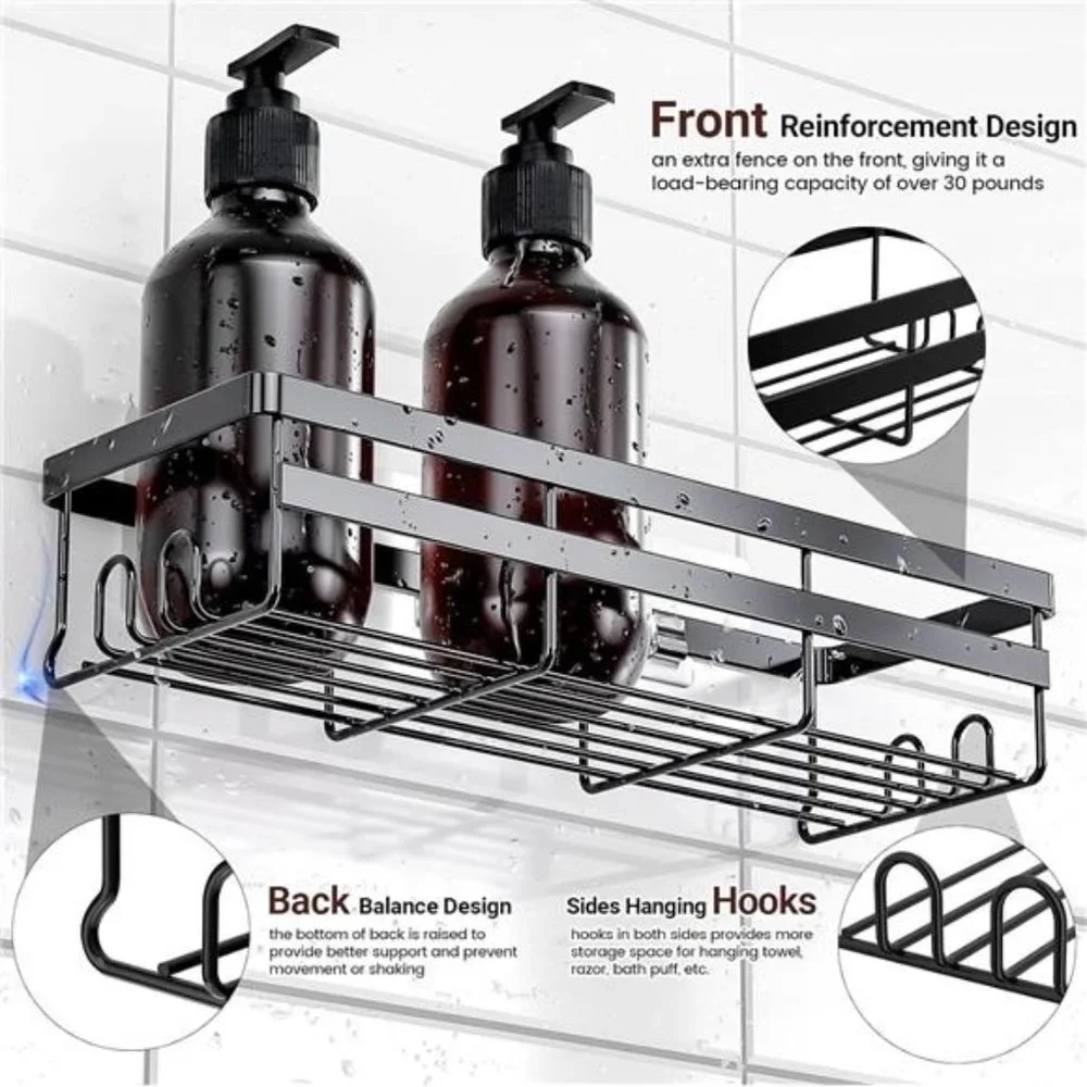 Adhesive Shower Caddy Shelf, 2 Pack - No Drilling Stainless, Black Shelves